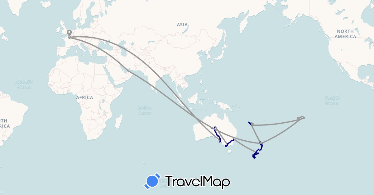 TravelMap itinerary: driving, bus, plane, boat in United Arab Emirates, Australia, France, New Caledonia, New Zealand, French Polynesia (Asia, Europe, Oceania)